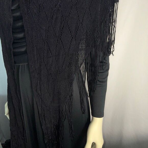 Black Fringe Knit Shawl Wrap | Boho Triangle Scarf | 82x35 + 7” Fringe - Picture 3 of 12